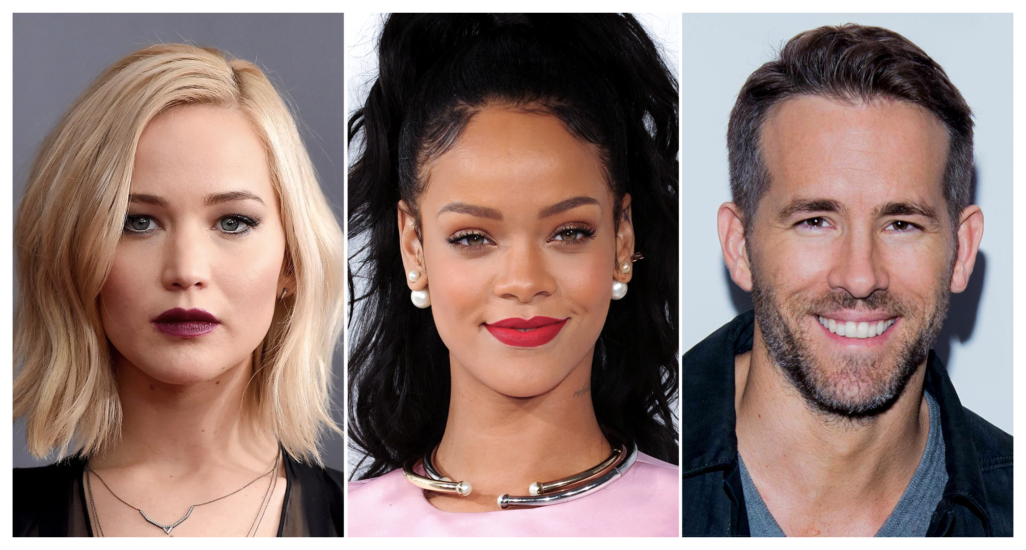 Jennifer Lawrence, Rihanna ir Ryan Reynolds koliažas