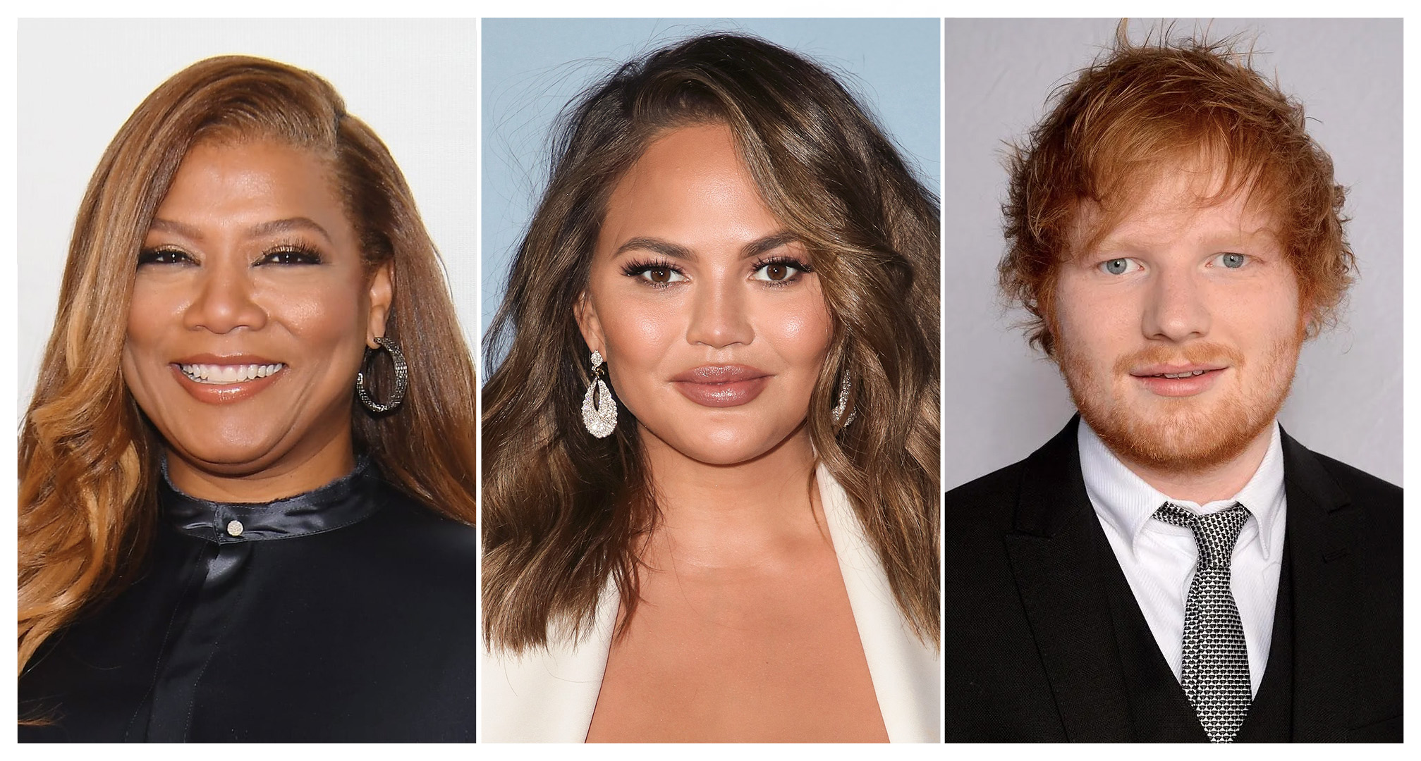 Queen Latifah, Chrissy Teigen ir Ed Sheeran koliažas.