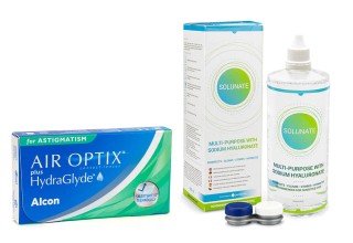 Air Optix Plus Hydraglyde, skirta astigmatizmui (6 lęšiai) + Solunate Multi-Purpose 400 ml su lęšių dėklu