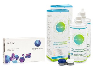 Biofinity CooperVision (6 lęšiai) + 2 x Solunate Multi-Purpose 400 ml su lęšių dėklu